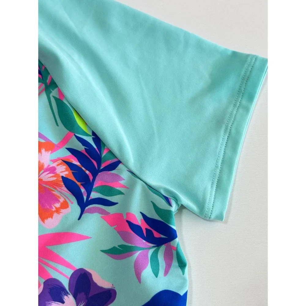 Lands End Kids Tropical Floral Rash Guard Swim Shirt Turquoise L 10-12 Beachwear